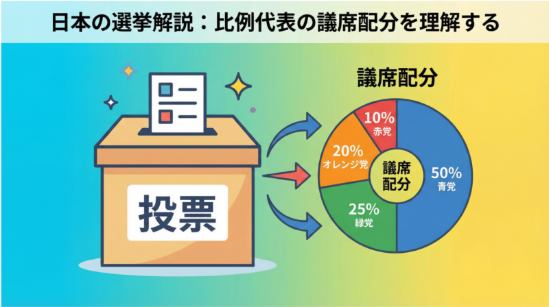 比例代表選挙の仕組みを示すイメージ図。投票箱と議席配分のグラフが描かれている。