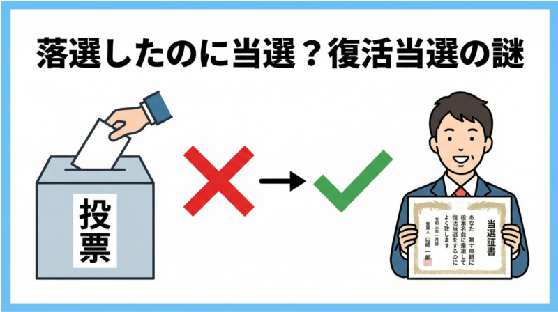 復活当選の仕組みを解説する図解：落選から当選へのドラマチックな変化を視覚的に表現