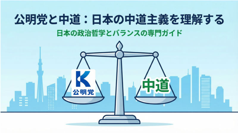 公明党と中道の関係を示すバランススケールのイメージ。日本の政治における中道主義を視覚的に表現。