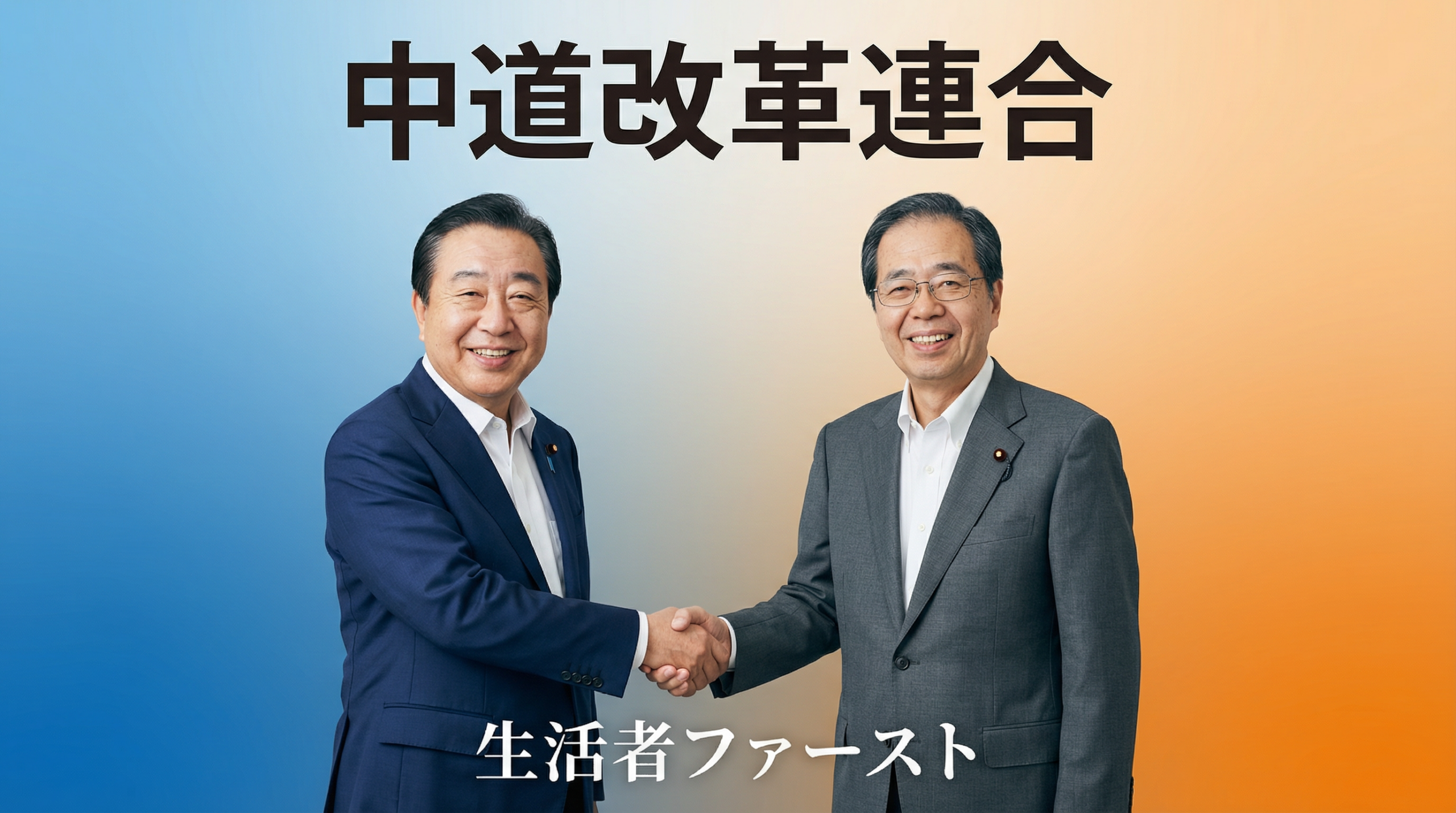 野田佳彦氏と斉藤鉄夫氏が握手をしている画像。背景には中道改革連合のロゴと「生活者ファースト」というテキストが表示されている。