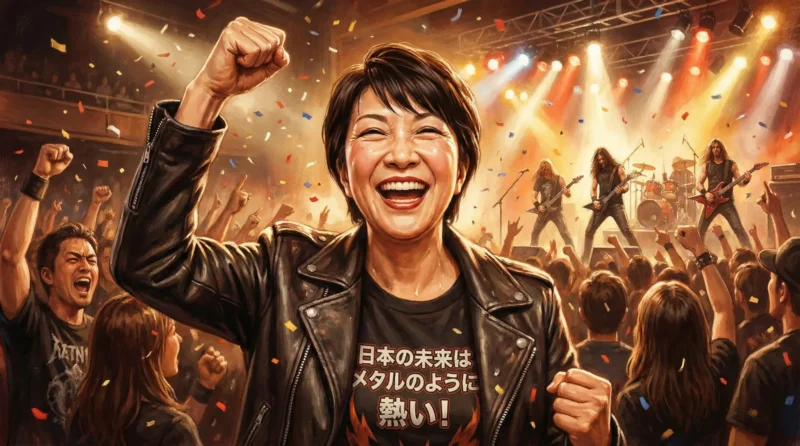 ヘヴィメタルのライブ会場で拳を突き上げる高市早苗総理のイメージイラスト
