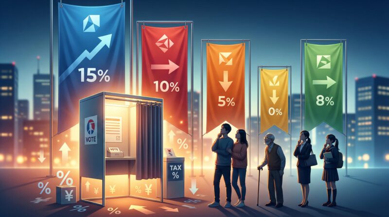 2026年衆院選で消費税が最大の争点。各党の公約を比較する図解イメージ