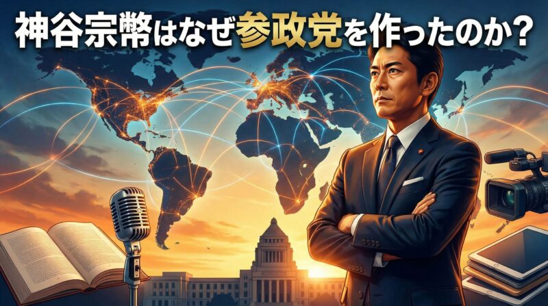 参政党の代表・神谷宗幣氏が、若者に向けて政治参加を呼びかけるイメージイラスト
