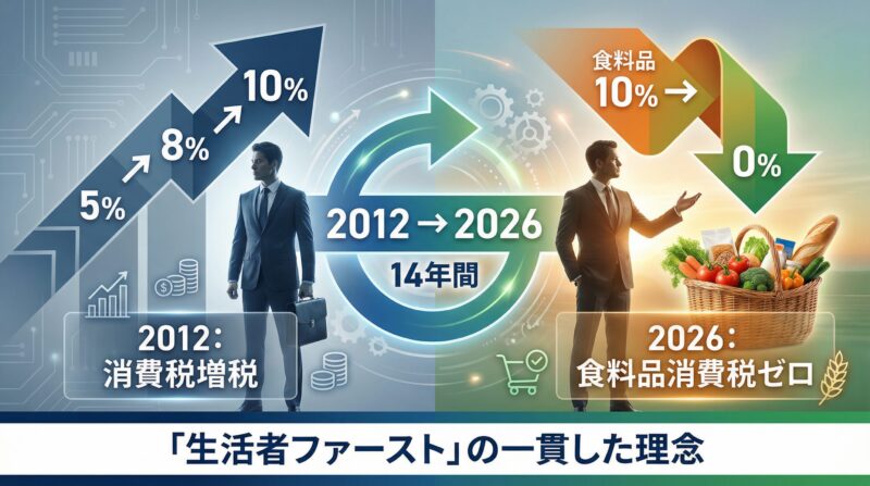 野田佳彦の政治キャリアと消費税政策の変遷を表すイメージ図