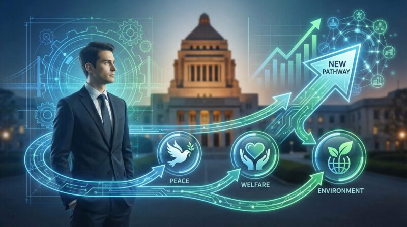 斉藤鉄夫氏の政治キャリアと「平和」「福祉」「環境」という政治理念を表現したイメージ図