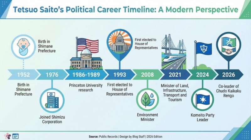 1952年の出生から2026年の中道改革連合共同代表就任までの時系列 主要なキャリアポイント：清水建設入社、プリンストン大学研究、初当選、環境大臣、国土交通大臣、公明党代表、中道改革連合共同代表 横軸のタイムラインで、斉藤氏のキャリアの流れを視覚化