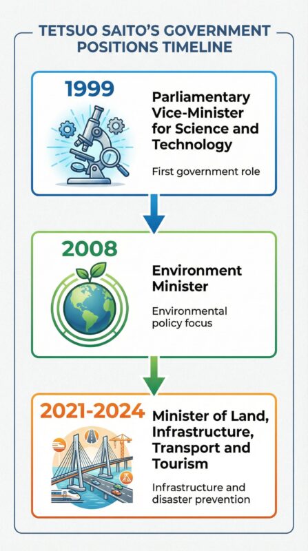 1999年の科学技術総括政務次官、2008年の環境大臣、2021年の国土交通大臣という3つの主要な政府職務を縦軸で表現 各職務の特徴（初の政府職務、環境政策重視、インフラ・防災対策）を英語で記載 矢印で職務の流れを表現