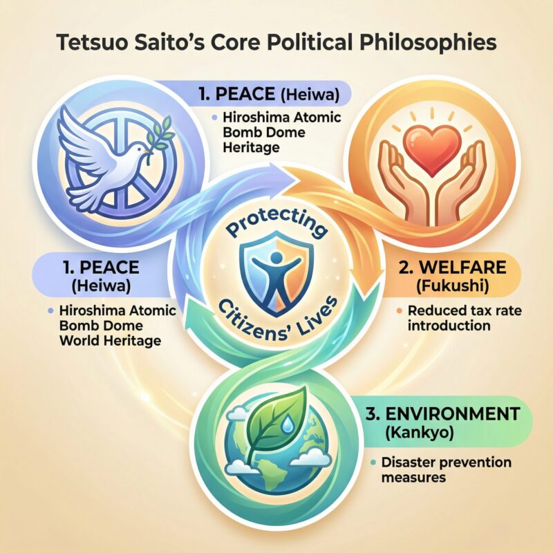 「平和」「福祉」「環境」という3つの理念を3つの円で表現 中央に「Protecting Citizens' Lives（国民の生活を守る）」を配置し、3つの理念が収束していることを表現 各理念の具体例（原爆ドーム、軽減税率、防災対策）を英語で記載