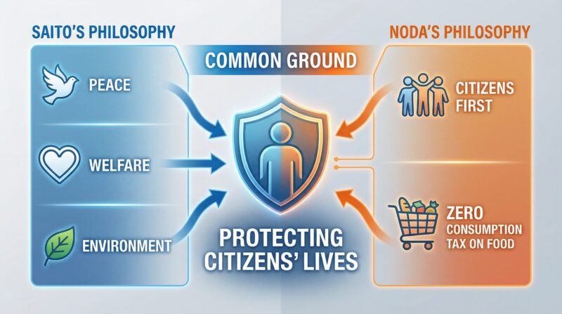 左側に斉藤氏の「平和」「福祉」「環境」、右側に野田氏の「生活者ファースト」「食料品消費税ゼロ」を配置 中央に「Protecting Citizens' Lives（国民の生活を守る）」を配置し、2人の理念が共通していることを表現 矢印で理念の収束を視覚化
