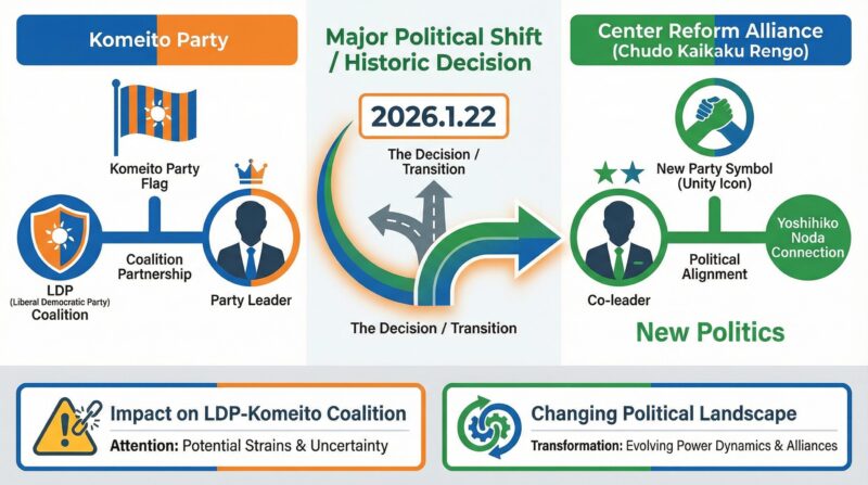 公明党代表から新党共同代表への転換を表現。公明党との関係の変化、自民党との連立政権への影響を示唆した図