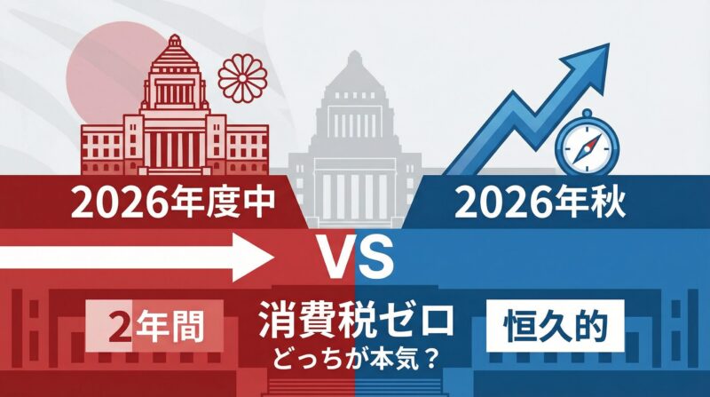 高市首相と野田代表の消費税ゼロ公約を徹底比較するイメージ図。実施時期、期間、財源の違いを視覚的に表現。