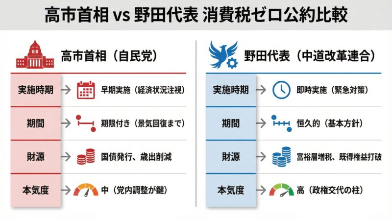高市首相と野田代表の消費税ゼロ公約を比較。実施時期、期間、財源、本気度を視覚的に表現