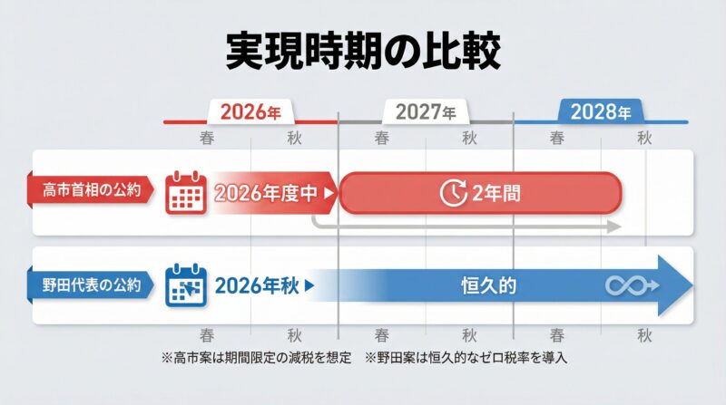 高市首相と野田代表の実現時期をタイムラインで比較。2026年度中 vs 今秋、2年間 vs 恒久的を視覚化