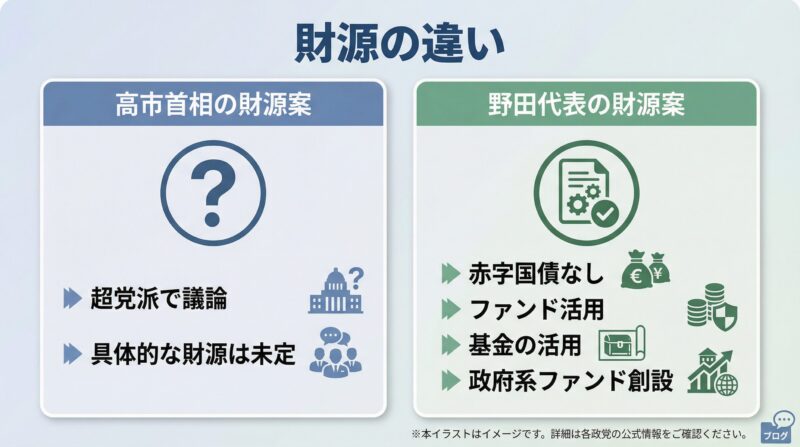 高市首相と野田代表の財源案を比較。超党派で議論 vs 赤字国債なし・ファンド活用を視覚化