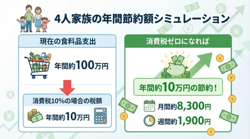 4人家族の年間節約額をシミュレーション。現在の食料品支出と消費税ゼロになった場合の節約額を視覚化