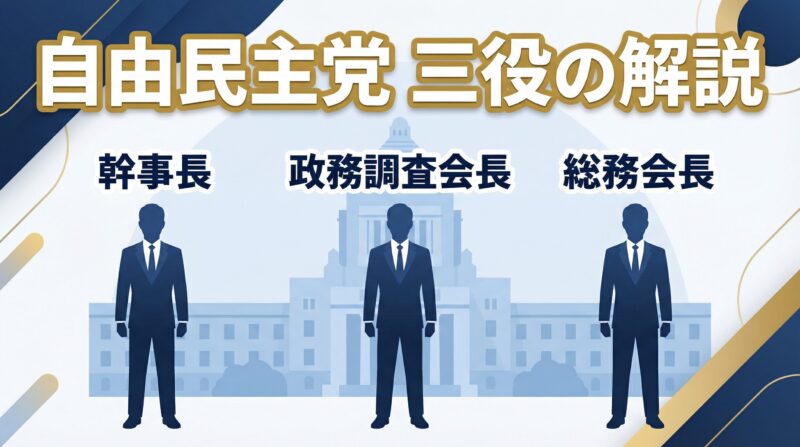 自民党三役である幹事長、政調会長、総務会長の役割を解説する図解