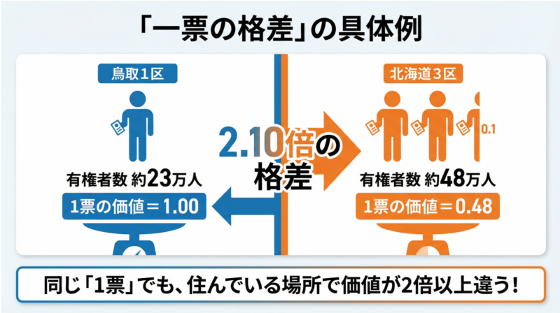 鳥取1区と北海道3区の有権者数の比較をした画像