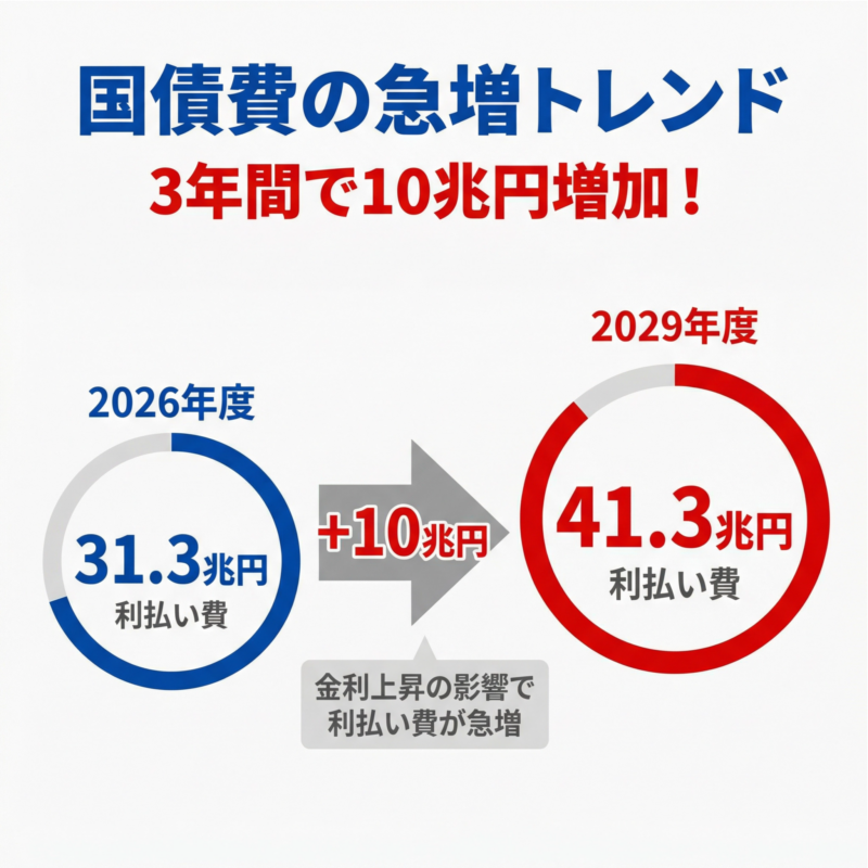 2026年度の国債費31.3兆円から2029年度の41.3兆円への急増を示す図解。金利上昇の影響で利払い費が急増していることを視覚化。