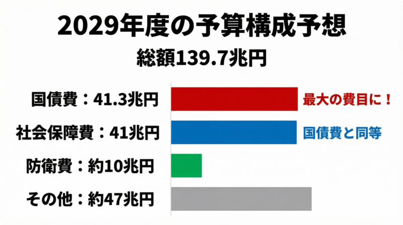 2029年度の予算総額139.7兆円の内訳を示す図解。国債費41.3兆円が最大の費目となり、社会保障費41兆円と肩を並べる様子を視覚化。