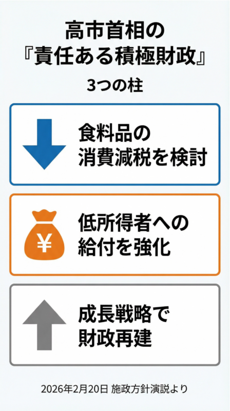 高市首相の施政方針演説で示された『責任ある積極財政』の3つの柱(消費減税議論、給付付き税額控除、経済成長による税収増)を示す図解。