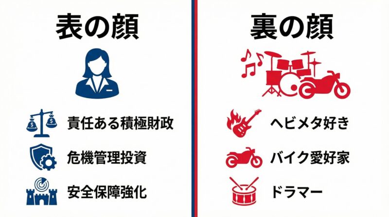高市首相の政治家としての顔とプライベートの顔のギャップを示す図解