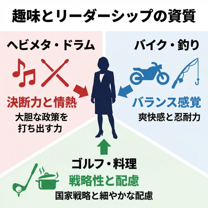 高市首相の趣味から見えるリーダーとしての資質を示す図解