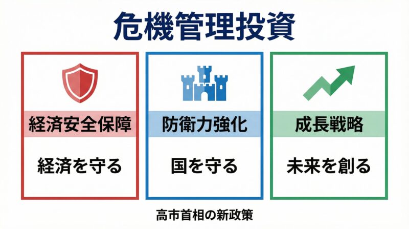 高市首相の新政策『危機管理投資』の3つの柱を示す図解
