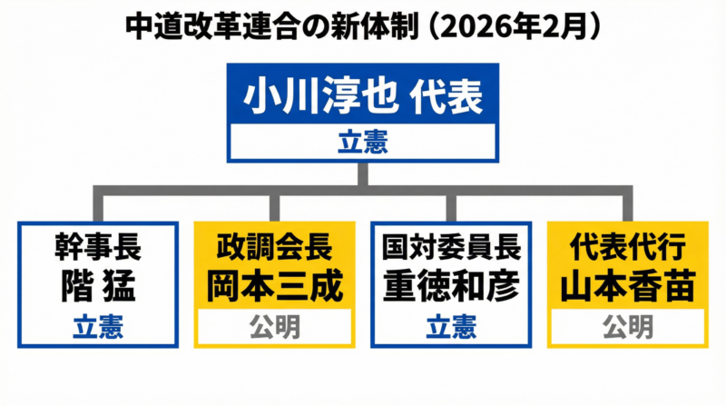 中道改革連合の新体制(2026年2月)。小川淳也代表の下に、幹事長・階猛氏(立憲民主党)、政務調査会長・岡本三成氏(公明党)、国会対策委員長・重徳和彦氏(立憲民主党)、代表代行・山本香苗氏(公明党)が配置されている。