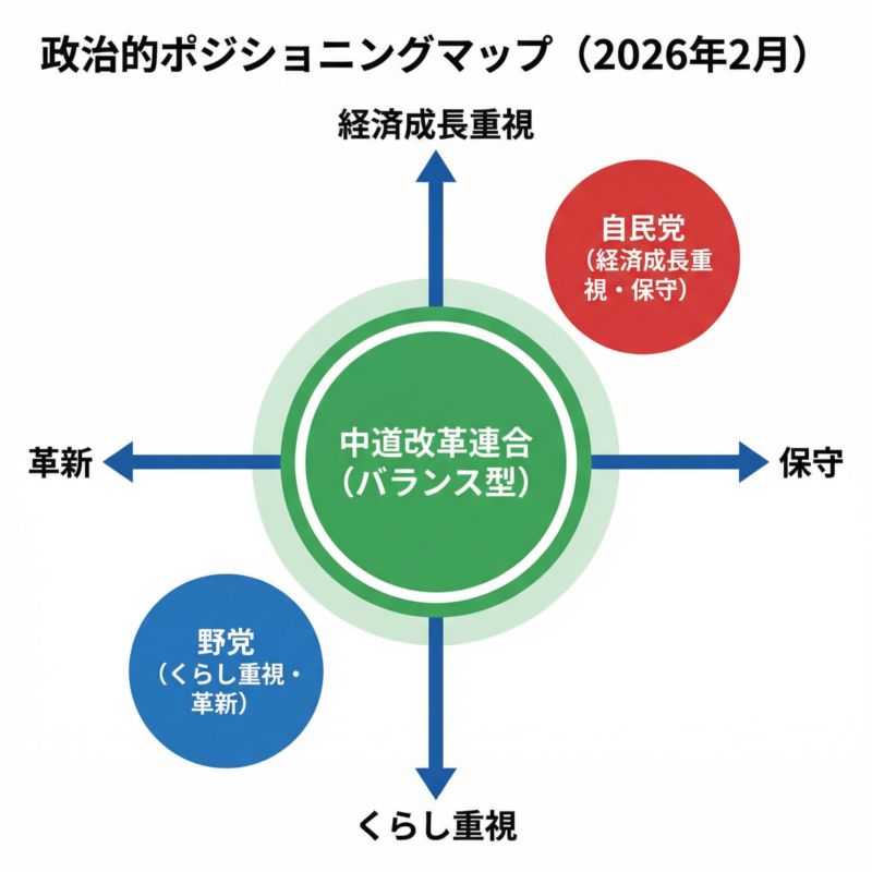 政治的ポジショニングマップ(2026年2月)。縦軸は経済成長重視からくらし重視、横軸は保守から革新を示す。自民党は右上、中道改革連合は中央、野党は左下に配置されている。