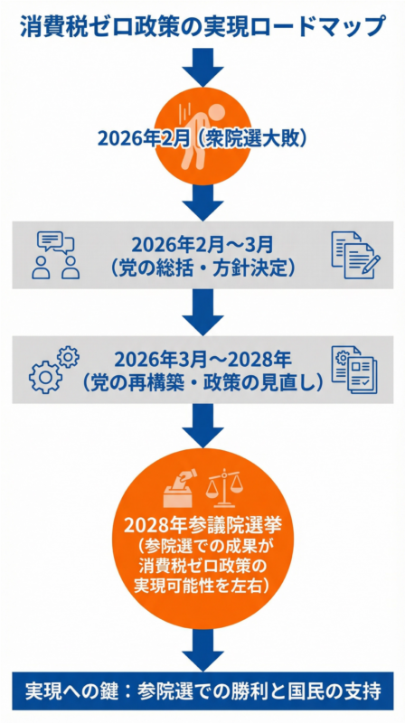 消費税ゼロ政策の実現ロードマップ。2026年2月の衆院選大敗から、2026年2月~3月の党の総括・方針決定、2026年3月~2028年の党の再構築・政策の見直し、そして2028年参議院選挙へと続く。