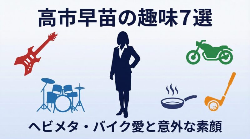高市早苗首相の趣味を示すイラスト（ヘビメタ、バイク、ドラム、ゴルフ、料理、釣り）