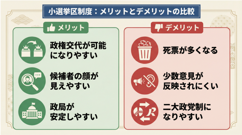 小選挙区制度のメリットとデメリットの比較説明した画像