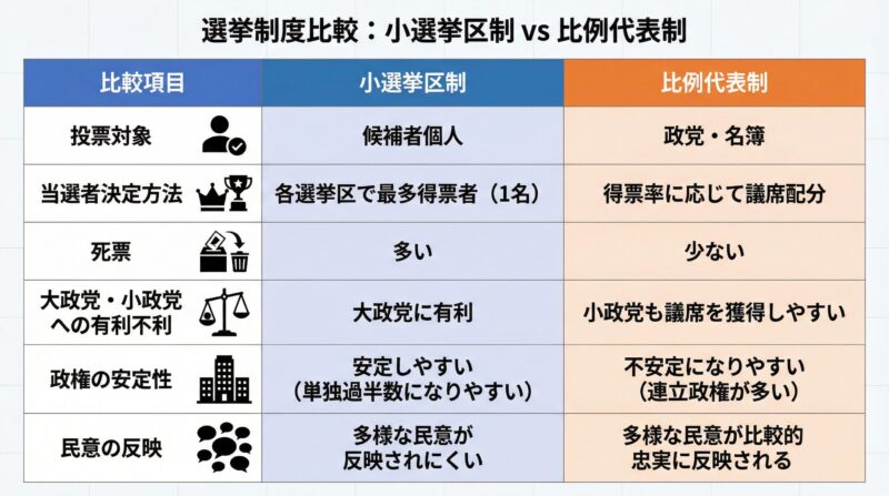 選挙区制度：小選挙区制と比例代表制を比較した画像