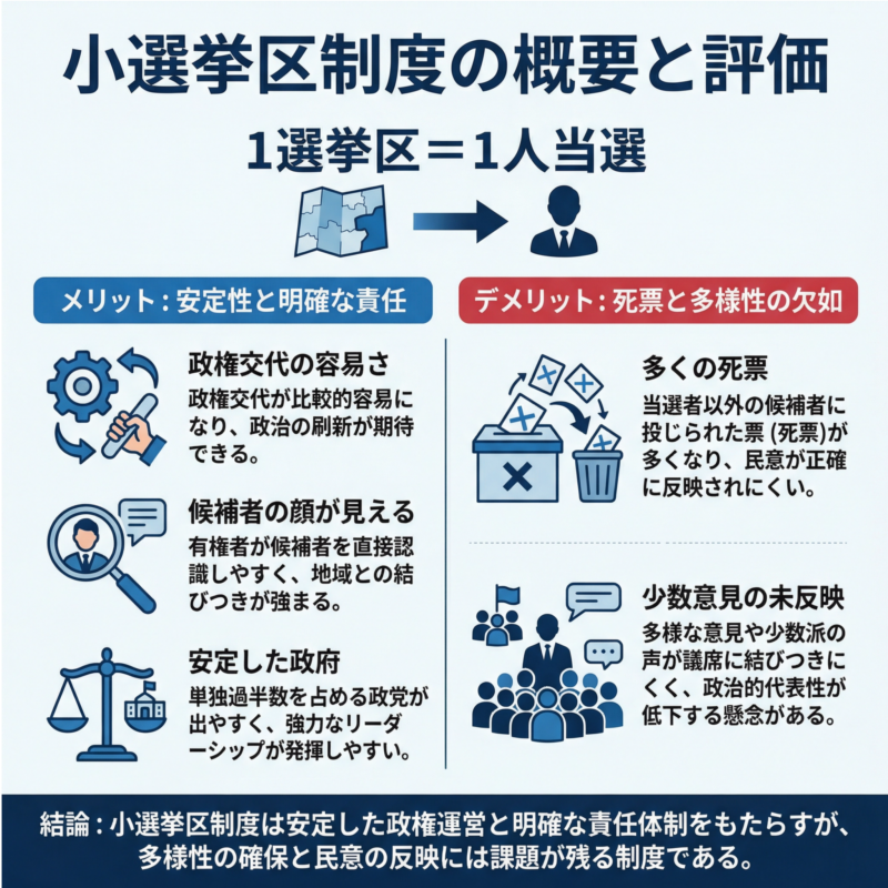 小選挙区制度の概要と評価を説明した図