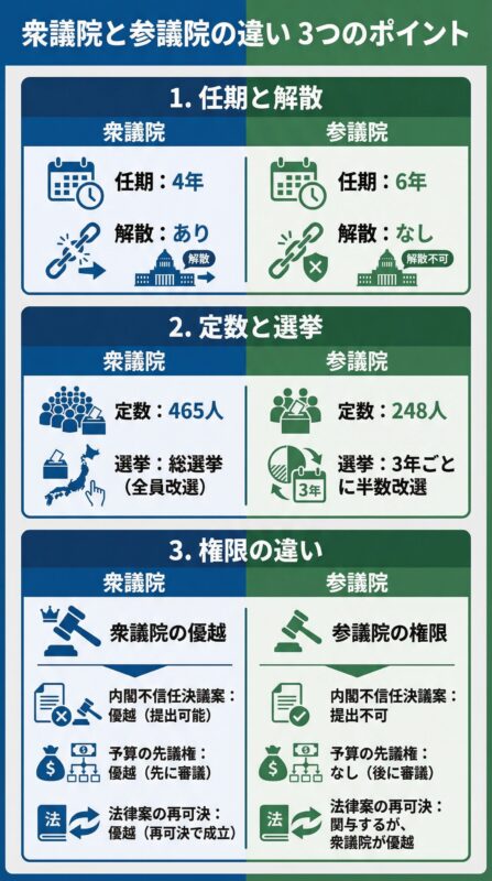 衆議院と参議院の違い3つのポイントを説明した画像