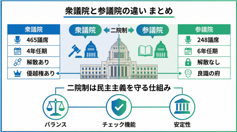 衆議院と参議院の違いをまとめて簡単に説明した画像