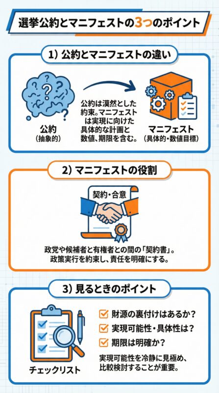 要約図解：選挙公約とマニフェストの3つのポイントを表現した画像