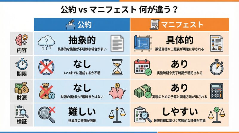 図解1：公約 vs マニフェスト 何が違う？左右に分けて一覧で比較した画像