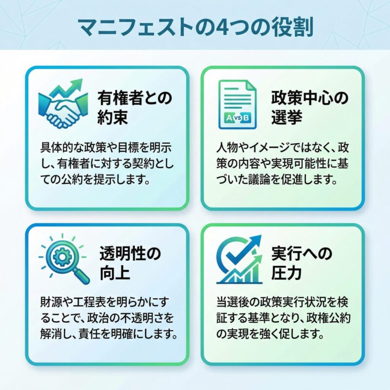図解2：マニフェストの4つの役割を４つの枠に分けてわかりやすく説明した画像