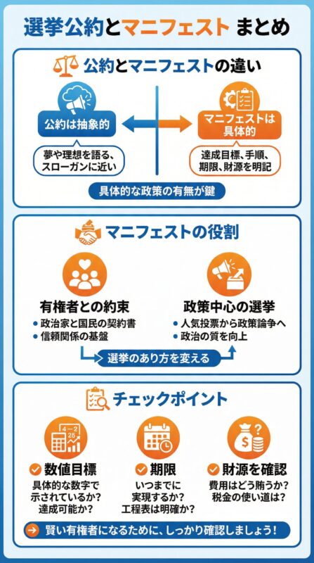 まとめ図解：選挙公約とマニフェストについて、３段で分かりやすく比較した画像
