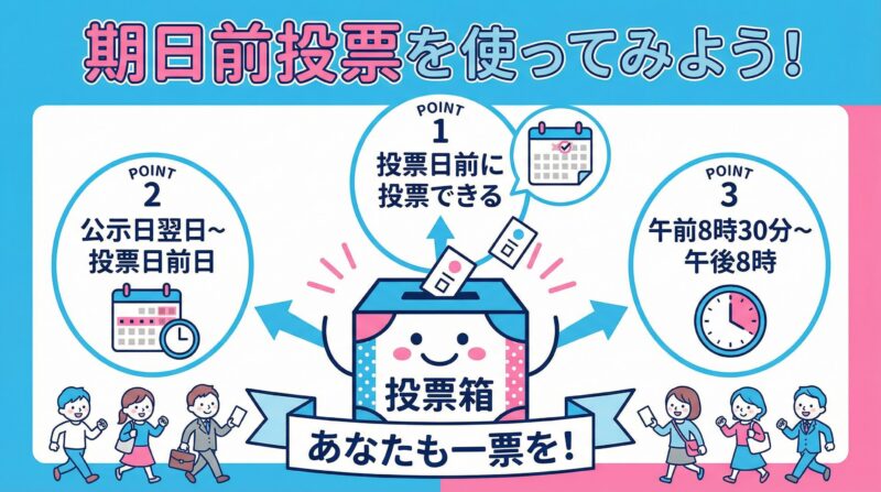 期日前投票の振り返り図解。投票日前に投票できる、公示日翌日から投票日前日、午前8時30分から午後8時。