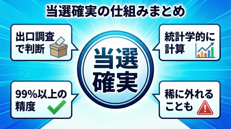 当選確実の仕組みをまとめた振り返り図解。出口調査で判断、統計学的に計算、99%以上の精度、稀に外れることも、という4つのポイントが中央の「当選確実」の円の周りに配置されている。