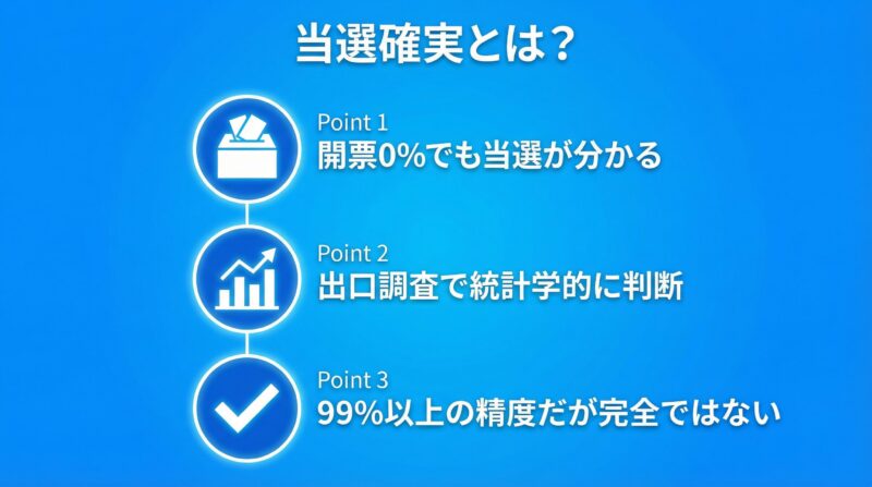 「当選確実とは？」の要約図解。開票0%でも当選が分かる、出口調査で統計学的に判断、99%以上の精度だが完全ではない、という3つのポイントが表示されている。