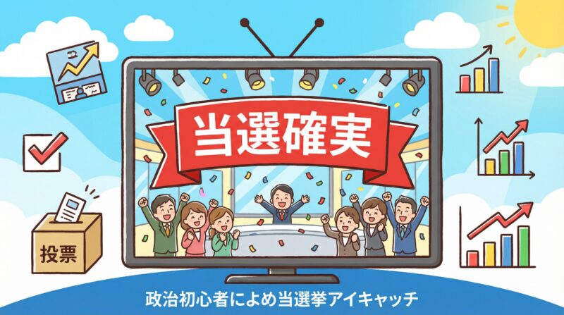 「当選確実」のアイキャッチ画像。テレビ画面に「当選確実」のテロップが表示され、周りに投票箱、チェックマーク、統計グラフのアイコンが配置されている。