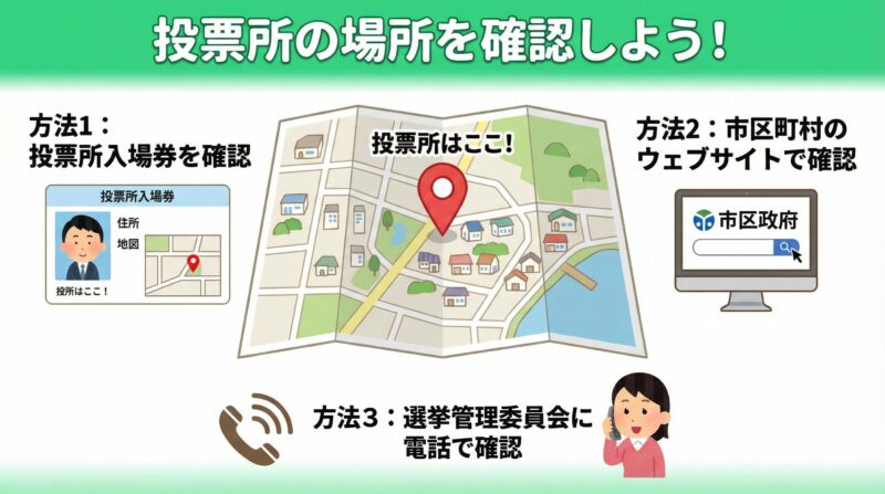 投票所の場所確認の図解。投票所入場券を確認、市区町村のウェブサイトで確認、選挙管理委員会に電話で確認、の3つの方法が地図のイラストと共に表示されている。