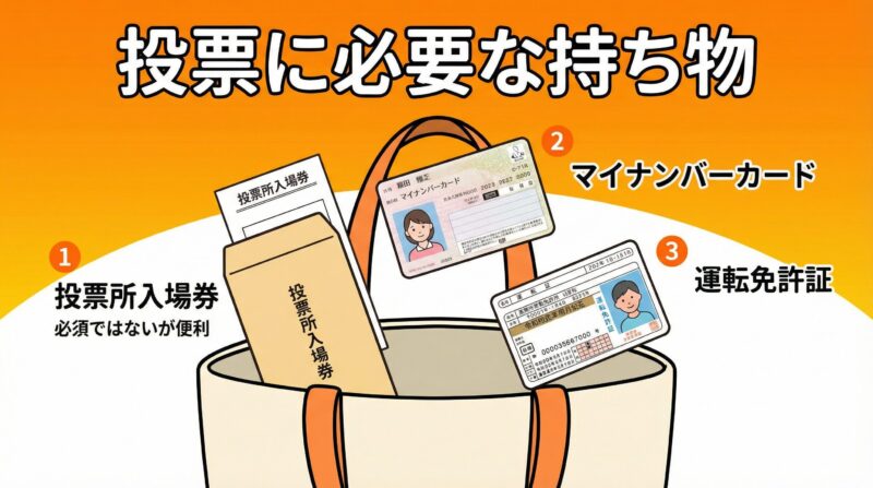 投票に必要な持ち物の図解。投票所入場券、マイナンバーカード、運転免許証の3つがバッグから出ているイラスト。
