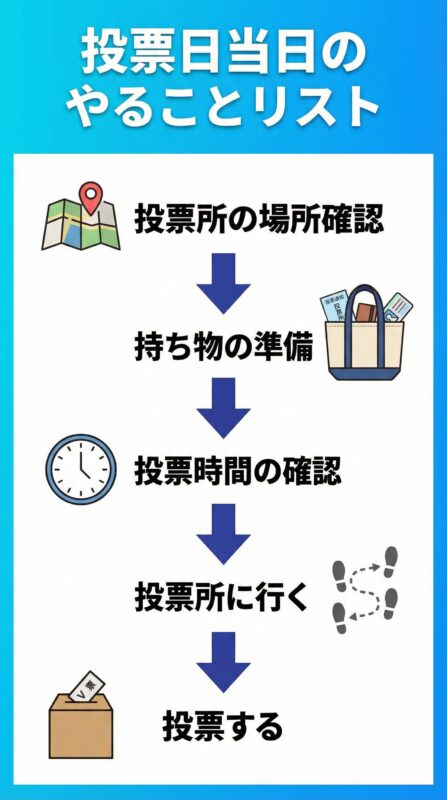 投票日当日のやることリストの要約図解。投票所の場所確認、持ち物の準備、投票時間の確認、投票所に行く、投票する、の5つのステップが矢印でつながっている。