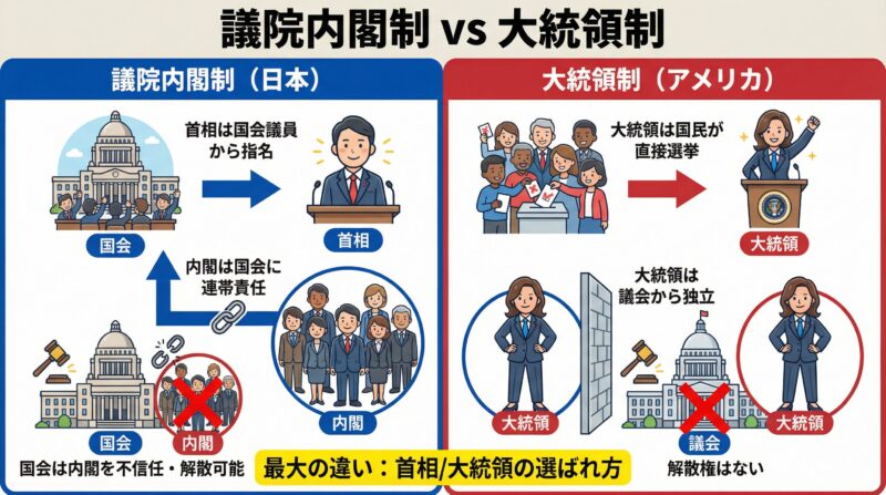 議院内閣制と大統領制の違いを比較した図解