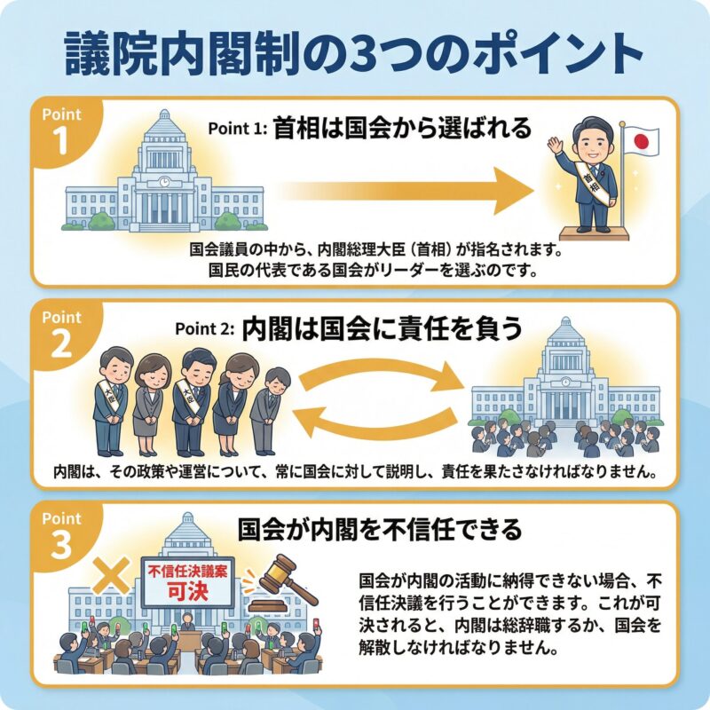 議院内閣制の3つのポイントをまとめた図解