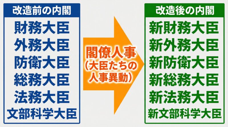 内閣改造前の閣僚と改造後の閣僚を比較する図解。「閣僚人事(大臣たちの人事異動)」という流れを矢印で示す。